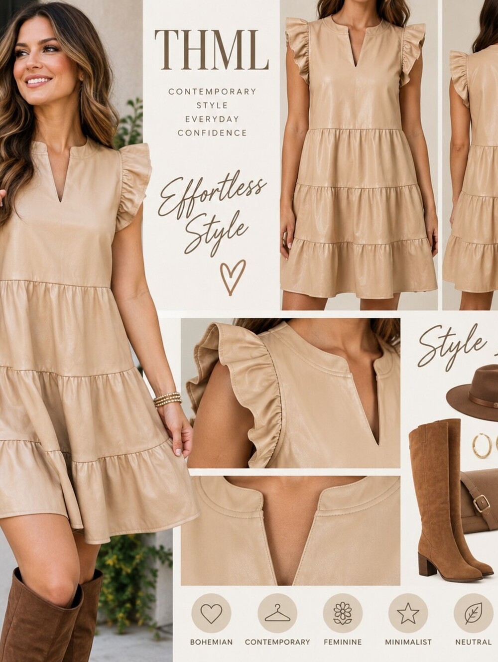 THML M Beige Faux Leather Tiered Mini Dress Ruffle Sleeve Fall Boho
